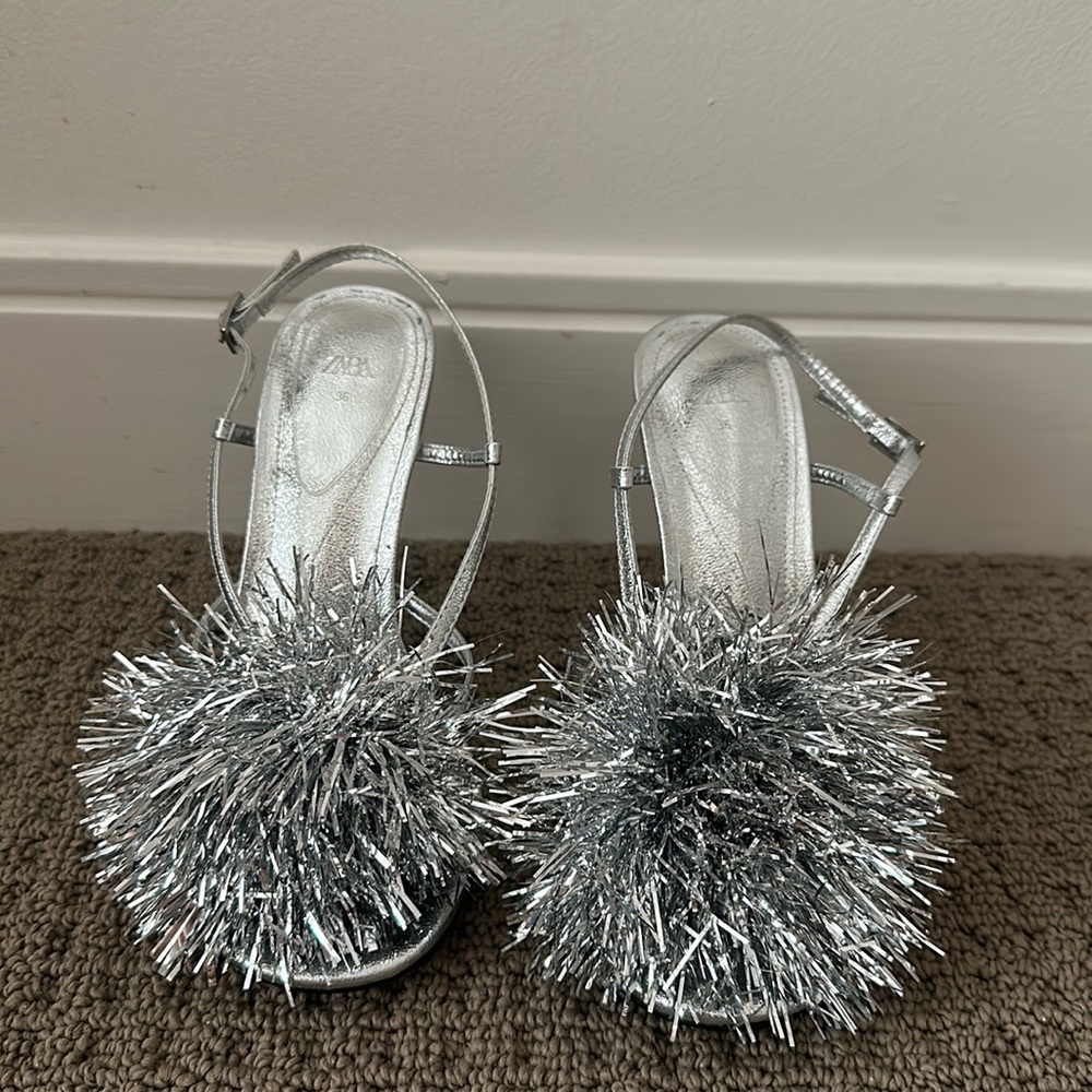 Zara Silver Pom Pom high heels